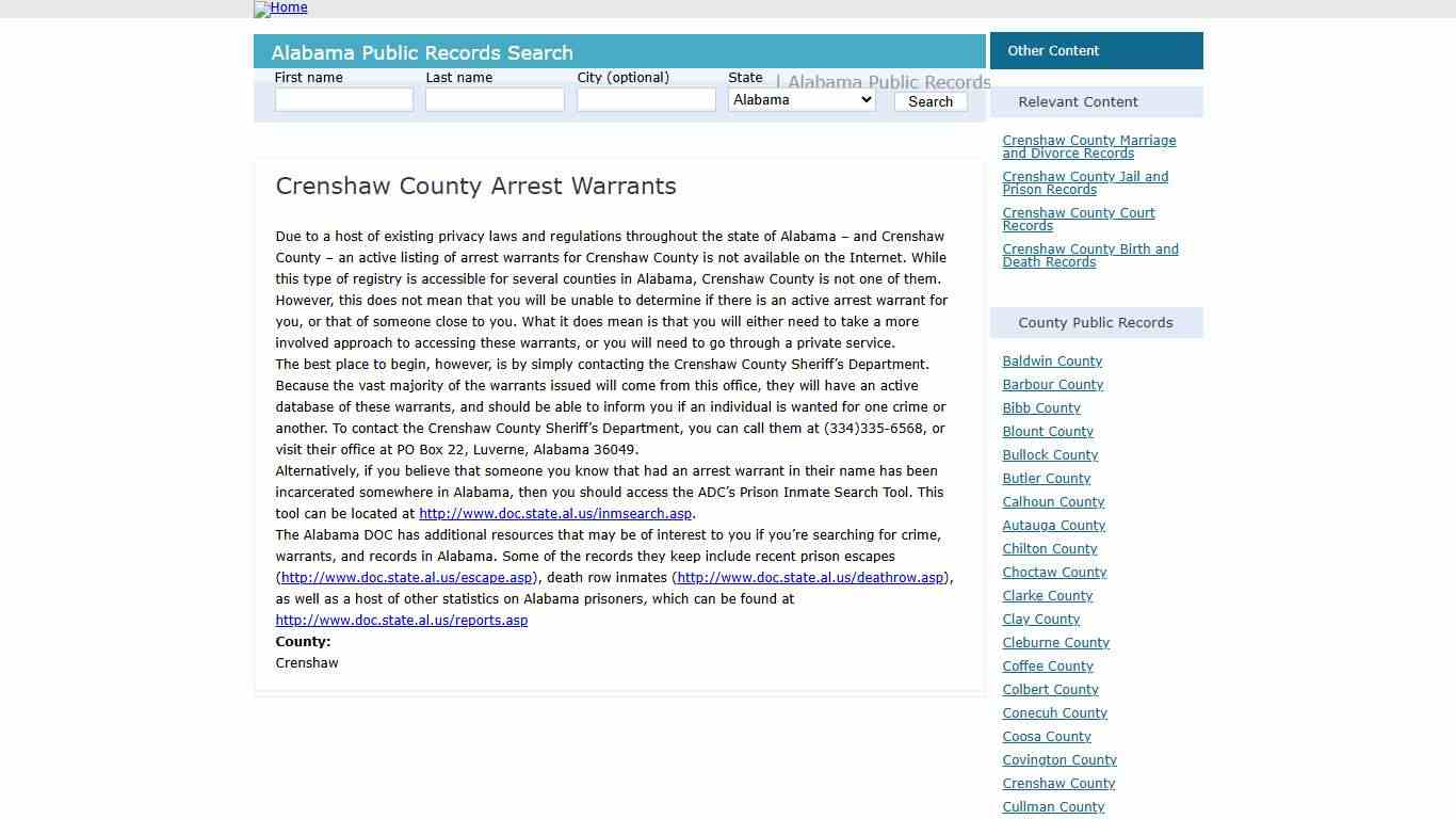Crenshaw County Arrest Warrants – Alabama – AL Search